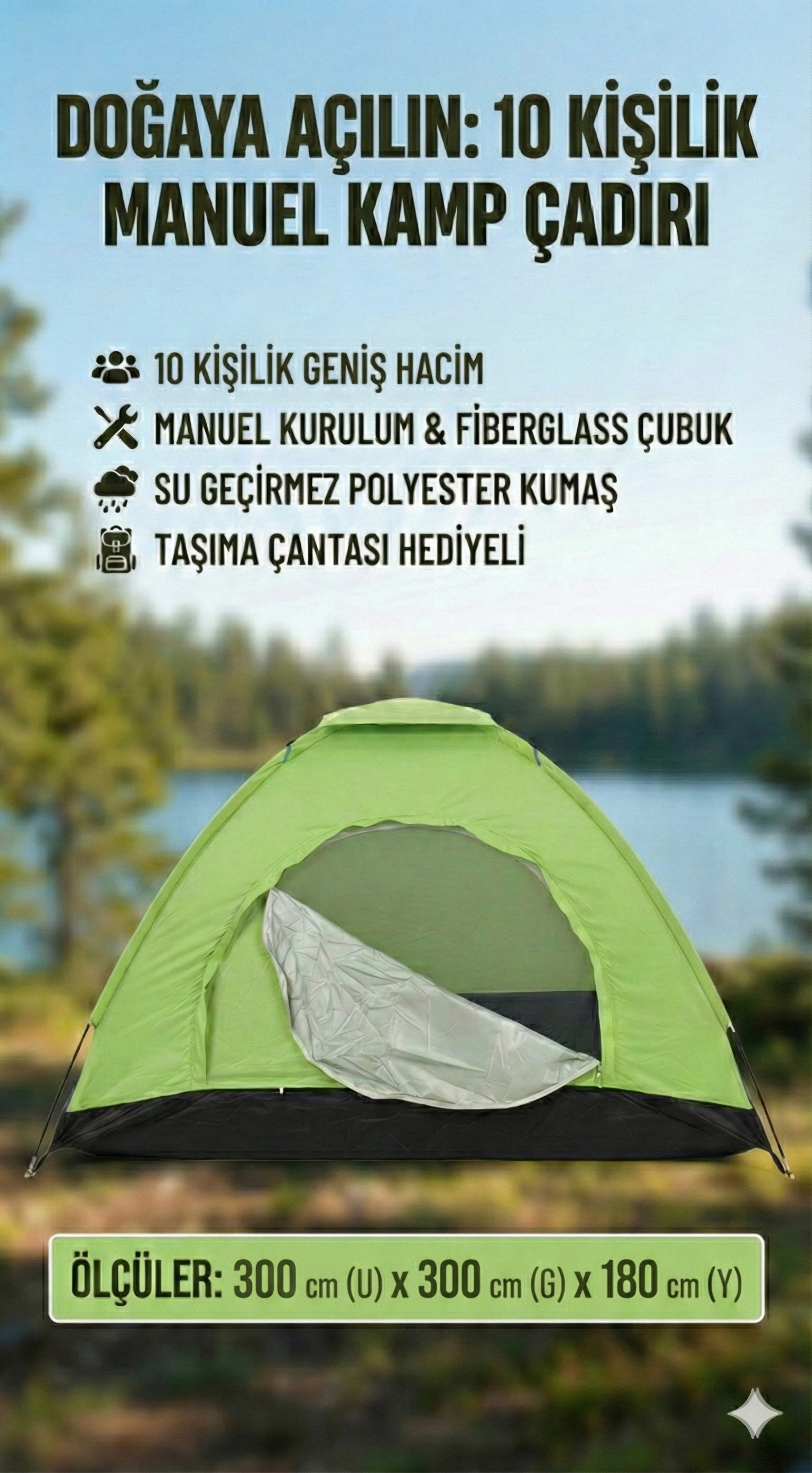 10 Kişilik Kolay Kurulumlu Kamp Çadırı (300x300x170)